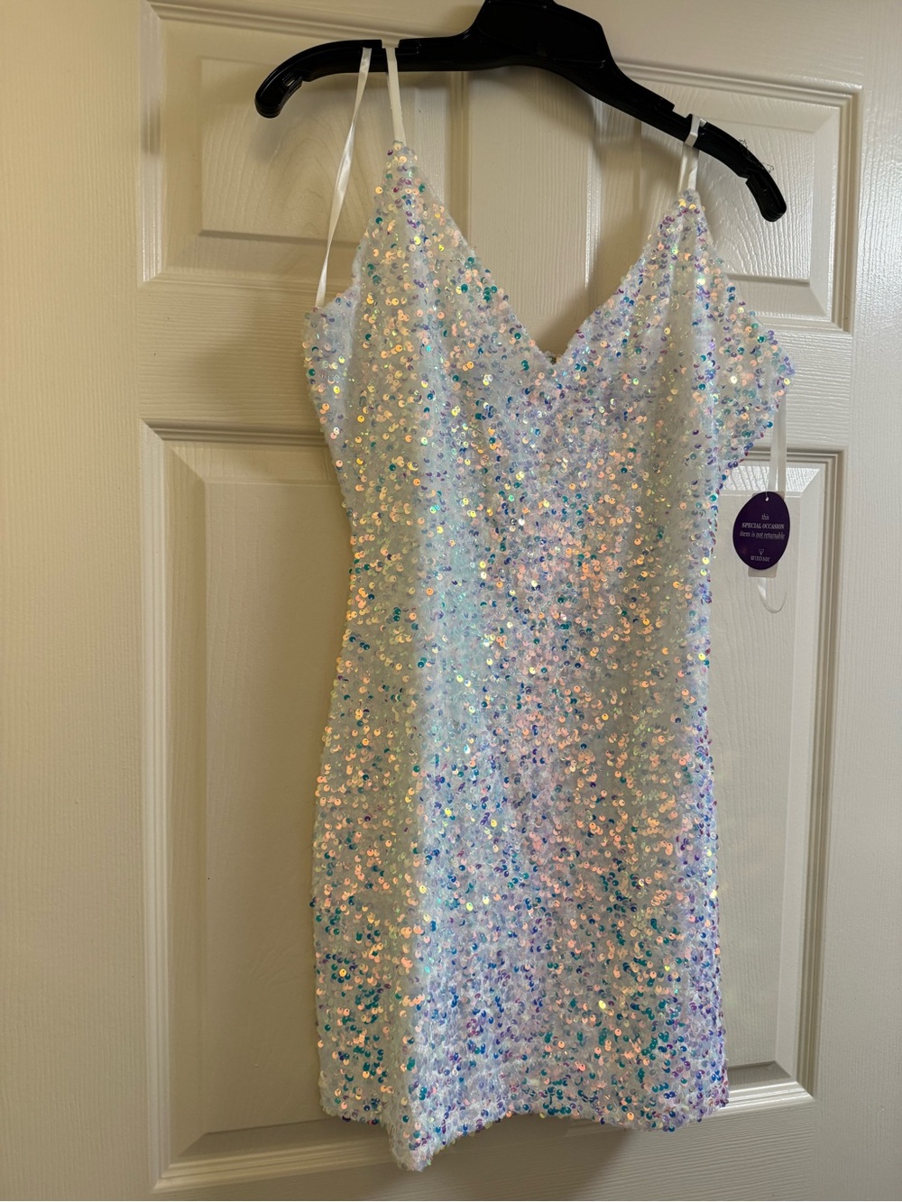 Windsor Iridescent Sequin Slip Dress in White with Aqua & Lavender Sparkle